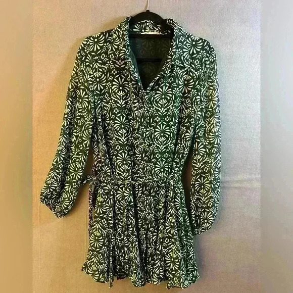 Zara Green Floral Chiffon Belted Long Sleeve Button Full Shirt Dreas size Large - Picture 1 of 7